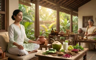 Person practicing Ayurvedic summer wellness with cooling foods, herbal drinks, and traditional remedies like coconut water, amla, and vetiver to balance Pitta dosha in Pune heat.